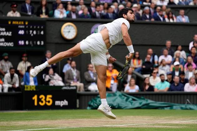 Mandatory Credit: Photo by Dave Shopland Shutterstock (14011307im) Carlos Alcaraz during the Men s Singles final Wimbledon Tennis Championships, Day 14, The All England Lawn Tennis and Croquet Club, London, UK - 16 Jul 2023 Wimbledon Tennis Championships, Day 14, The All England Lawn Tennis and Croquet Club, London, UK - 16 Jul 2023  Copyright: xDavexShopland Shutterstockx 14011307im
