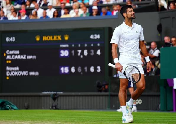Mandatory Credit: Photo by Javier Garcia Shutterstock (14011311iz) Novak Djokovic reacts during the Men s Singles final Wimbledon Tennis Championships, Day 14, The All England Lawn Tennis and Croquet Club, London, UK - 16 Jul 2023 Wimbledon Tennis Championships, Day 14, The All England Lawn Tennis and Croquet Club, London, UK - 16 Jul 2023  Copyright: xJavierxGarcia Shutterstockx 14011311iz