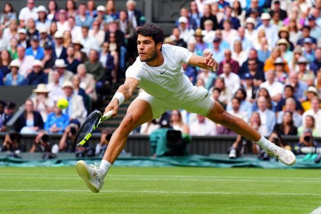 Mandatory Credit: Photo by Javier Garcia Shutterstock (14011311ja) Carlos Alcaraz during the Men s Singles final Wimbledon Tennis Championships, Day 14, The All England Lawn Tennis and Croquet Club, London, UK - 16 Jul 2023 Wimbledon Tennis Championships, Day 14, The All England Lawn Tennis and Croquet Club, London, UK - 16 Jul 2023  Copyright: xJavierxGarcia Shutterstockx 14011311ja