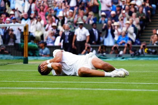 Mandatory Credit: Photo by Javier Garcia Shutterstock (14011311jd) Carlos Alcaraz celebrates victory in the Men s Singles final Wimbledon Tennis Championships, Day 14, The All England Lawn Tennis and Croquet Club, London, UK - 16 Jul 2023 Wimbledon Tennis Championships, Day 14, The All England Lawn Tennis and Croquet Club, London, UK - 16 Jul 2023  Copyright: xJavierxGarcia Shutterstockx 14011311jd