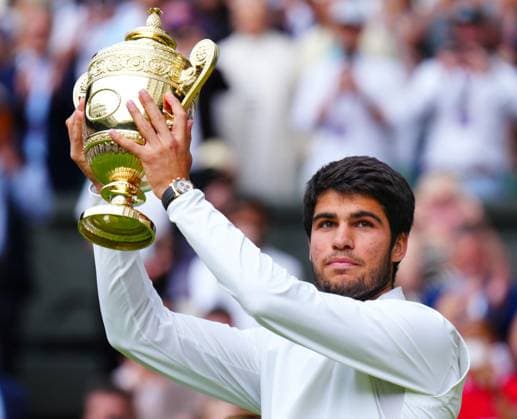 Mandatory Credit: Photo by Javier Garcia Shutterstock (14011311jp) Carlos Alcaraz lifts the The Gentlemen s Singles Trophy after victory Wimbledon Tennis Championships, Day 14, The All England Lawn Tennis and Croquet Club, London, UK - 16 Jul 2023 Wimbledon Tennis Championships, Day 14, The All England Lawn Tennis and Croquet Club, London, UK - 16 Jul 2023  Copyright: xJavierxGarcia Shutterstockx 14011311jp
