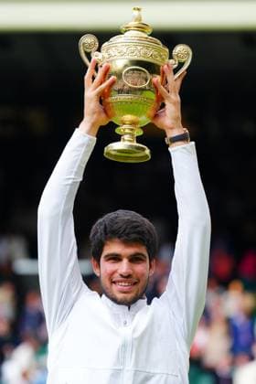 Mandatory Credit: Photo by Javier Garcia Shutterstock (14011311kc) Carlos Alcaraz lifts the The Gentlemen s Singles Trophy after victory Wimbledon Tennis Championships, Day 14, The All England Lawn Tennis and Croquet Club, London, UK - 16 Jul 2023 Wimbledon Tennis Championships, Day 14, The All England Lawn Tennis and Croquet Club, London, UK - 16 Jul 2023  Copyright: xJavierxGarcia Shutterstockx 14011311kc