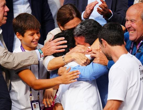 Mandatory Credit: Photo by Javier Garcia Shutterstock (14011311lk) Carlos Alcaraz celebrates with his team after victory in the Men s Singles final Wimbledon Tennis Championships, Day 14, The All England Lawn Tennis and Croquet Club, London, UK - 16 Jul 2023 Wimbledon Tennis Championships, Day 14, The All England Lawn Tennis and Croquet Club, London, UK - 16 Jul 2023  Copyright: xJavierxGarcia Shutterstockx 14011311lk