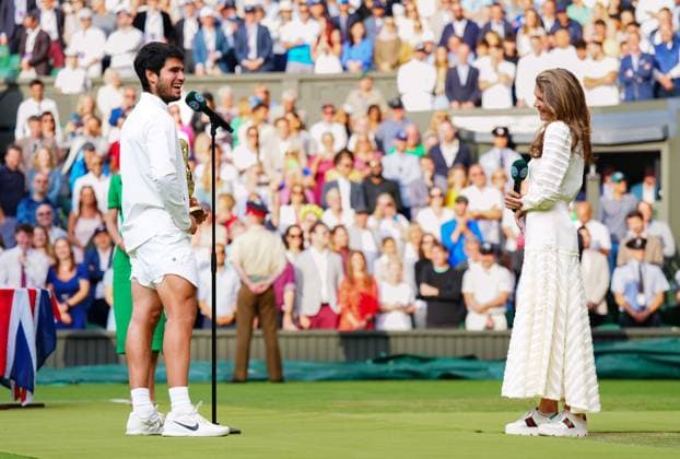 Mandatory Credit: Photo by Javier Garcia Shutterstock (14011311lq) Carlos Alcaraz is interviewed by Annabel Croft after victory in the Men s Singles final Wimbledon Tennis Championships, Day 14, The All England Lawn Tennis and Croquet Club, London, UK - 16 Jul 2023 Wimbledon Tennis Championships, Day 14, The All England Lawn Tennis and Croquet Club, London, UK - 16 Jul 2023  Copyright: xJavierxGarcia Shutterstockx 14011311lq
