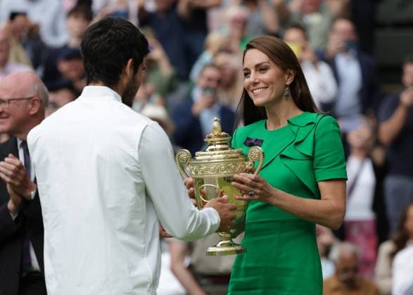 16th July 2023; All England Lawn Tennis and Croquet Club, London, England: Wimbledon Tennis Tournament; Princess of Wales presents Carlos Alcaraz with the winners trophy after beating Djokovic in 5 sets  ActionPlus12532146 JohnxPatrickxFletcher