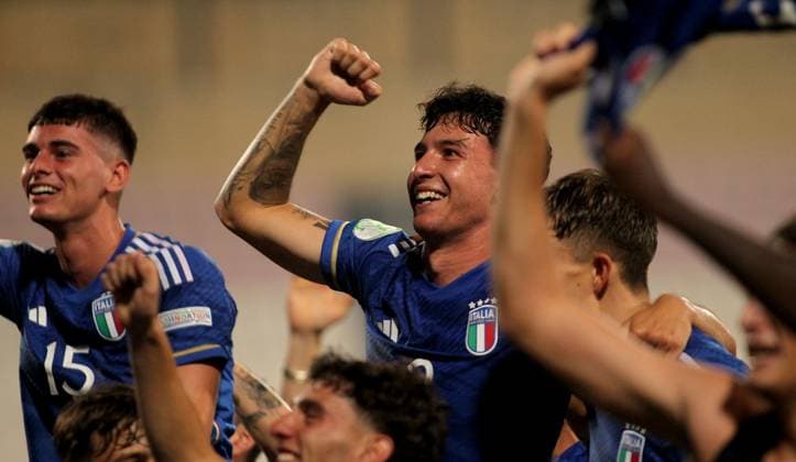 16.07.2023 Ta Qali(Malta) Portugal-Italy U19 U-19 Under-19 European Championship, EM, Europameisterschaft final men s football Luca Lipani(L),Alessandro Dellavalle(C) Italy celebrate victory after match :