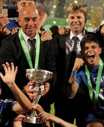 16.07.2023 Ta Qali(Malta) Portugal-Italy U19 U-19 Under-19 European Championship, EM, Europameisterschaft final men s football Alberto Bollini(L) Italy head head coach,Enrico Battisti(C),Samuele Vignato(R) with European U19 champion trophy :