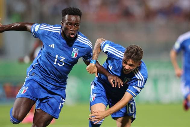 Portugal v Italy : Final - UEFA European Under-19 Championship 2022 23 TA QALI, MALTA - JULY 16: Michael Kayode (L) of Italy reacts in celebration after scoring the opening goal for his team during the 2023 UEFA European Under-19 Championship final soccer match between Portugal and Italy at the National Stadium, on July 16, 2023, in Ta Qali, Malta. Ta Qali Attard Malta  Copyright: xDomenicxAquilinax originalFilename:aquilina-uefaeuro230716_npv54.jpg
