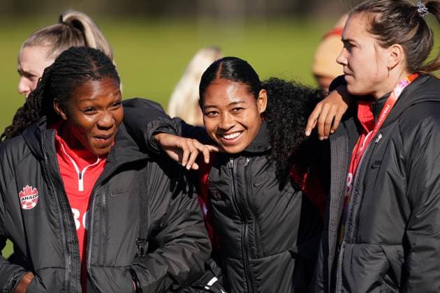 July 17, 2023, Melbourne, Australia: Canada s Deanne Rose and Olivia Smith look on during a training session ahead of the FIFA Women s World Cup in Melbourne, Australia, Monday, July 17, 2023. Women s World Cup Soccer Canada Training  - ZUMAc35_ 20230717_zaf_c35_039 Copyright: xScottxBarbourx