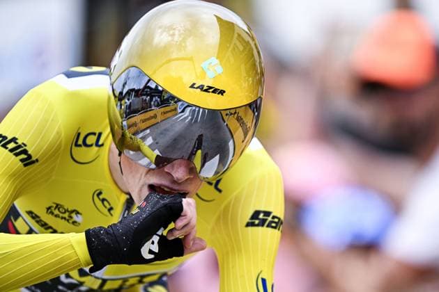 Danish Jonas Vingegaard of Jumbo-Visma crosses the finish line of stage 16 of the Tour de France cycling race, an individual time trial from Passy to Combloux (22,4 km), France, Tuesday 18 July 2023. This year s Tour de France takes place from 01 to 23 July 2023. POOLxCORVOSxTIMxVANxWICHELEN  x70766943x