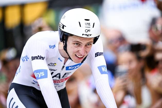 Slovenian Tadej Pogacar of UAE Team Emirates crosses the finish line of stage 16 of the Tour de France cycling race, an individual time trial from Passy to Combloux (22,4 km), France, Tuesday 18 July 2023. This year s Tour de France takes place from 01 to 23 July 2023. POOLxCORVOSxTIMxVANxWICHELEN  x70766784x