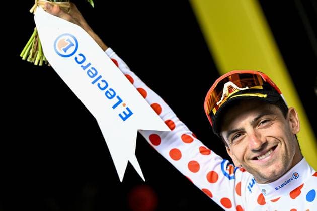 Italian Giulio Ciccone of Lidl-Trek celebrates on the podium in the red polka-dot jersey for best climber after stage 17 of the Tour de France cycling race from Saint-Gervais Mont Blanc to Courchevel (165,7 km), France, Wednesday 19 July 2023. This year s Tour de France takes place from 01 to 23 July 2023. JASPERxJACOBS  x70808873x