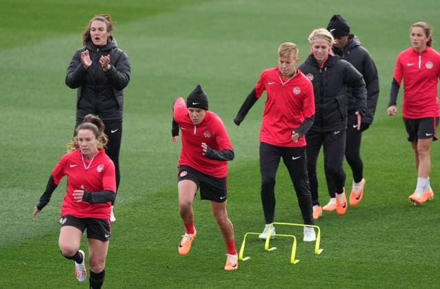July 20, 2023, Melbourne, Australia: Canadas Christine Sinclair, second left, runs during a training session ahead of the FIFA Women s World Cup in Melbourne, Australia, Thursday, July 20, 2023. Canada News - July 20, 2023  - ZUMAc35_ 20230720_zaf_c35_001 Copyright: xScottxBarbourx
