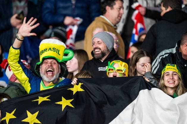 230720 Fans of Brazil in the stands during the FIFA Women s World Cup football match between New Zealand and Norway on July 20, 2023 in Auckland. Photo: Mathias Bergeld BILDBYRAN kod MB VG0487 bbeng fotball fotboll football norge norway a kvinner dam fotbolls-vm fotball vm kvinner världsmästerskap verdensmesterskap vm fifa womens world cup day 1 nya zeeland new zealand publik brazil brasilien *** 230720 Fans of Brazil in the stands during the FIFA Women s World Cup soccer match between New Zealand and Norway on July 20, 2023 in Auckland Photo Mathias Bergeld BILDBYRAN code MB VG0487 bbeng fotboll fotboll norge norway a kvinner dam fotbolls vm fotboll vm kvinnor världsmästerskap verdensmesterskap vm fifa womens world cup day 1 nya zeeland new zealand publik brazil brasilien  Copyright: MATHIASxBERGELD BB230720MB135