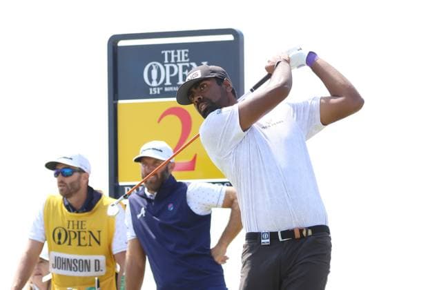 American Sahith Theegala tees off on the second hole on the first day at the 151st Open Championship at Royal Liverpool Golf Club in Hoylake, England on Thursday, July 20, 2023.  LON2023072045 HUGOxPHILPOTT