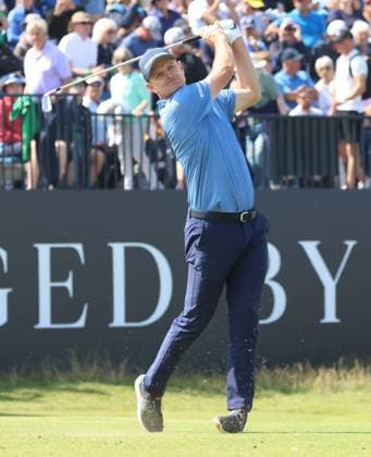England s Justin Rose drives on the fourth tee on the first day at the 151st Open Championship at Royal Liverpool Golf Club in Hoylake, England on Thursday, July 20, 2023.  LON20230720117 HUGOxPHILPOTT