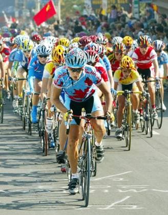 October 11, 2003, HAMILTON, ON, Canada: Cycling Canada says athletes will be able to compete according to their currently identified gender for the rest of the year in Canadian competitions that are not sanctioned by the world cycling governing body. Canada s Manon Jutras leads the pack on the second lap of the elite women s road race at the World Road cycling, Rad, Radsport, Strasse championships in Hamilton, Ont. Saturday, Oct. 11, 2003. MANON JUTRAS  - ZUMAc35_ 20031011_zaf_c35_002 Copyright: xRyanxRemiorzx
