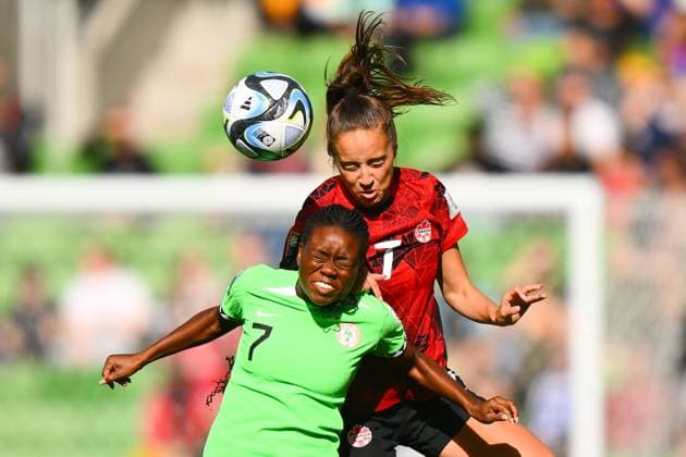 WWC23 CANADA NIGERIA, Julia Grosso of Canada fights for the ball with Antionette Payne of Nigeria during the FIFA Women s World Cup 2023 soccer match between Nigeria and Canada at Melbourne Rectangular Stadium in Melbourne, Friday, July 21, 2023. ( NO ARCHIVING, EDITORIAL USE ONLY, NO USE IN BOOKS WITHOUT CONSENT MELBOURNE VICTORIA AUSTRALIA  Copyright: xMORGANxHANCOCKx 20230721001822509255 