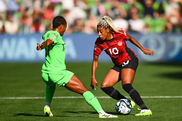 WWC23 CANADA NIGERIA, Ashley Lawrence of Canada (right) fights for the ball with Francisca Ordega of Nigeria during the FIFA Women s World Cup 2023 soccer match between Nigeria and Canada at Melbourne Rectangular Stadium in Melbourne, Friday, July 21, 2023. ( NO ARCHIVING, EDITORIAL USE ONLY, NO USE IN BOOKS WITHOUT CONSENT MELBOURNE VICTORIA AUSTRALIA  Copyright: xMORGANxHANCOCKx 20230721001822516315 