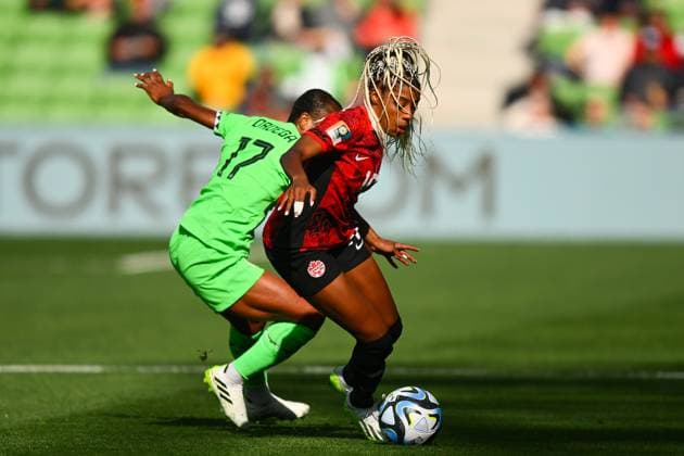 WWC23 CANADA NIGERIA, Ashley Lawrence of Canada (right) is tackled by Francisca Ordega of Nigeria during the FIFA Women s World Cup 2023 soccer match between Nigeria and Canada at Melbourne Rectangular Stadium in Melbourne, Friday, July 21, 2023. ( NO ARCHIVING, EDITORIAL USE ONLY, NO USE IN BOOKS WITHOUT CONSENT MELBOURNE VICTORIA AUSTRALIA  Copyright: xMORGANxHANCOCKx 20230721001822520263 