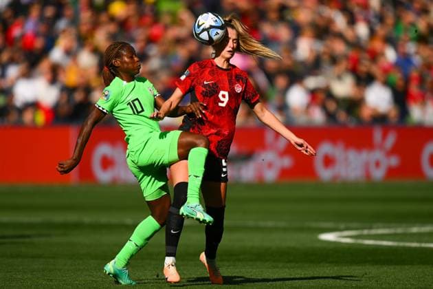 WWC23 CANADA NIGERIA, Jordyn Huitema of Canada (right) fights for the ball with Christy Ucheibe of Nigeria during the FIFA Women s World Cup 2023 soccer match between Nigeria and Canada at Melbourne Rectangular Stadium in Melbourne, Friday, July 21, 2023. ( NO ARCHIVING, EDITORIAL USE ONLY, NO USE IN BOOKS WITHOUT CONSENT MELBOURNE VICTORIA AUSTRALIA  Copyright: xMORGANxHANCOCKx 20230721001822522917 