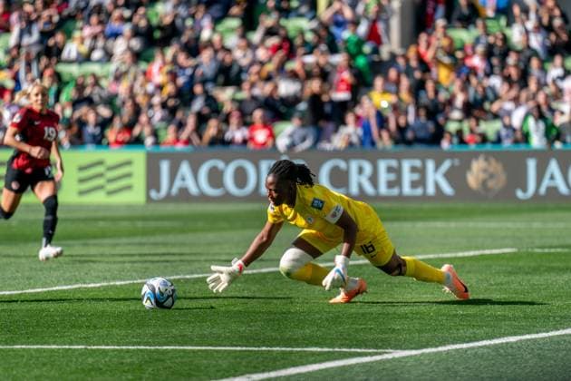 Melbourne, Australia, July 21st 2023: Goalkeeper Chiamaka Nnadozie (16 Nigeria) saves a penalty during the 2023 FIFA Womens World Cup football match between Nigeria and Canada at Melbourne Rectangular Stadium in Melbourne, Australia. (Noe Llamas SPP) Copyright: xNoexLlamasx xSPPx spp-en-NoLlSp-20230721-DSC09523