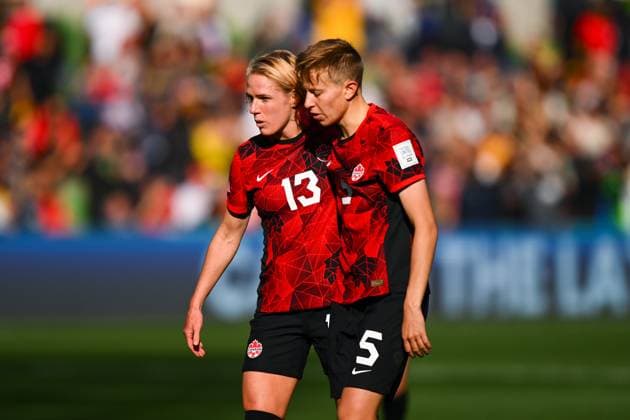 WWC23 CANADA NIGERIA, Sophie Schmidt of Canada and Quinn of Canada react after the FIFA Women s World Cup 2023 soccer match between Nigeria and Canada at Melbourne Rectangular Stadium in Melbourne, Friday, July 21, 2023. ( NO ARCHIVING, EDITORIAL USE ONLY, NO USE IN BOOKS WITHOUT CONSENT MELBOURNE VICTORIA AUSTRALIA  Copyright: xMORGANxHANCOCKx 20230721001822541839 