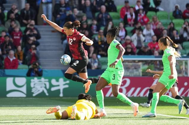 July 21, 2023, Melbourne, Australia: Canada s Christine Sinclair battles for the ball after missing a penalty kick against Nigeria goalkeeper Chiamaka Nnadozie during second half Group B soccer action at the FIFA Women s World Cup in Melbourne, Australia, Friday, July 21, 2023. Canada News - July 21, 2023  - ZUMAc35_ 20230721_zaf_c35_016 Copyright: xScottxBarbourx