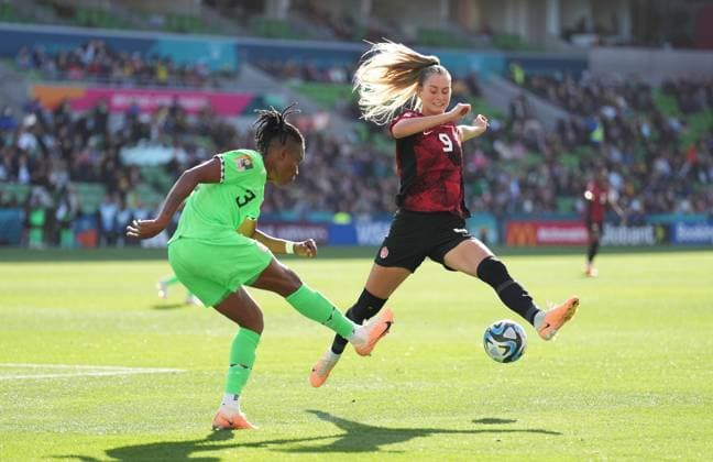 July 21, 2023, Melbourne, Australia: Canada s Jordyn Huitema battles for the ball with Nigeria s Osinachi Ohale during Group B soccer action at the FIFA Women s World Cup in Melbourne, Australia, Friday, July 21, 2023. Canada News - July 21, 2023  - ZUMAc35_ 20230721_zaf_c35_025 Copyright: xScottxBarbourx