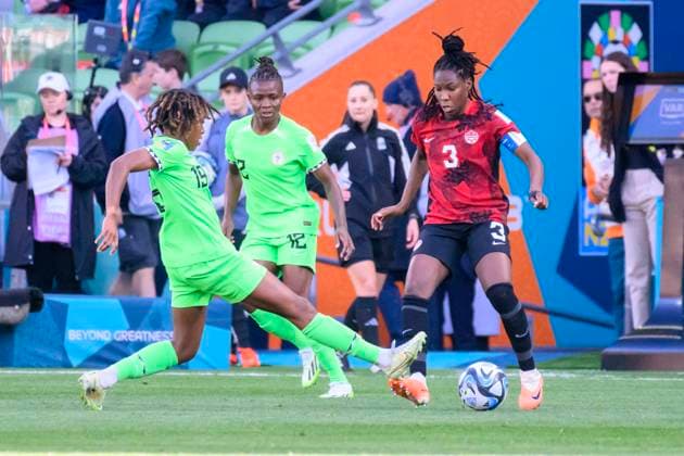 Jennifer Echegini and Kadeisha Buchanan during the FIFA Women s World Cup 2023 match between Nigeria Women and Canada Women at Melbourne Rectangular Stadium, Melbourne, Australia on 21 July 2023. Copyright: xRichardxNicholsonx 37810011