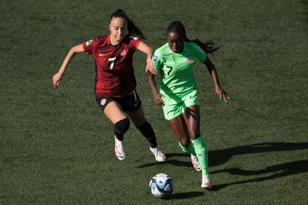 July 21, 2023, Melbourne, Australia: JULIA GROSSO (7) of Canada and TONI PAYNE (7) of Nigeria compete for the ball during a 2023 Women s World Cup group B match between Nigeria and Canada at the Melbourne Rectangular Stadium. The match was a 0:0 draw. Melbourne Australia - ZUMAl303 20230721_zaf_l303_003 Copyright: xSydneyxLowx