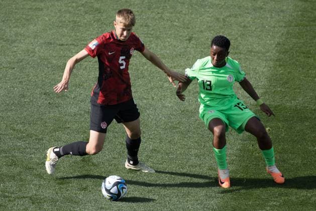 July 21, 2023, Melbourne, Australia: QUINN (5) of Canada and DEBORAH ABIODUN (13) of Nigeria fight for the ball during a 2023 Women s World Cup group B match between Nigeria and Canada at the Melbourne Rectangular Stadium. The match was a 0:0 draw. Melbourne Australia - ZUMAl303 20230721_zaf_l303_011 Copyright: xSydneyxLowx