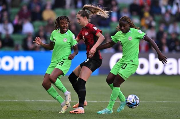 Nigeria v Canada: Group B - FIFA Women s World Cup Australia & New Zealand 2023 Christy Ucheibe of Nigeria and Sophie Schmidt of Canada compete for the ball during the FIFA Women s World Cup Group B match between Nigeria and Canada at Melbourne Rectangular Stadium on July 21, 2023 in Melbourne Naarm, Australia. Melbourne Australia  Copyright: xIzharxKhanx originalFilename:khan-nigeriav230721_npvVD.jpg