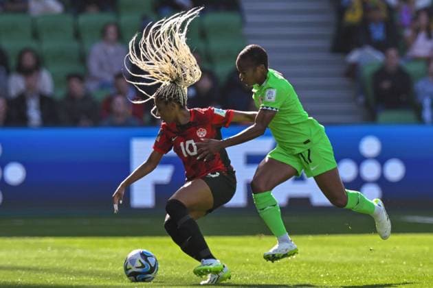 Nigeria v Canada: Group B - FIFA Women s World Cup Australia & New Zealand 2023 Ashley Lawrence of Canada and Francisca Ordega of Nigeria compete for the ball during the FIFA Women s World Cup Group B match between Nigeria and Canada at Melbourne Rectangular Stadium on July 21, 2023 in Melbourne Naarm, Australia. Melbourne Australia  Copyright: xIzharxKhanx originalFilename:khan-nigeriav230721_np40F.jpg