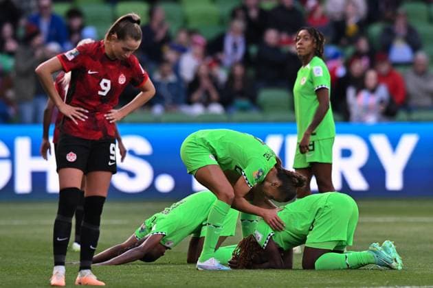 Nigeria v Canada: Group B - FIFA Women s World Cup Australia & New Zealand 2023 Nigeria team players reacts after the scoreless draw in the FIFA Women s World Cup Group B match between Nigeria and Canada at Melbourne Rectangular Stadium on July 21, 2023 in Melbourne Naarm, Australia. Melbourne Australia  Copyright: xIzharxKhanx originalFilename:khan-nigeriav230721_npBRy.jpg