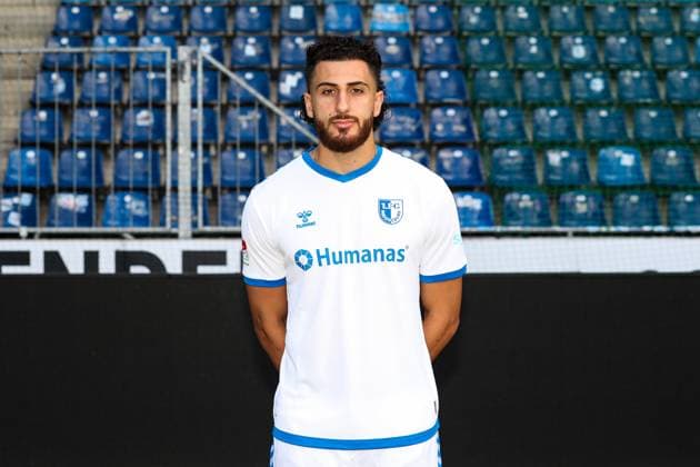 Belal Halbouni 1 FC Magdeburg,12 2 football Bundesliga portrait appointment 2023 2024 official photo appointment 1 FC Magdeburg in the MDCC Arena in Magdeburg portrait, portrait,single image,Germany, football, men,GER,20 07 2023 Christian Schroedter