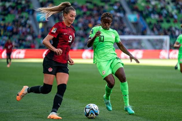 Melbourne, Australia, July 21st 2023: Jordyn Huitema (9 Canada) takes on Christy Ucheibe (10 Nigeria) during the 2023 FIFA Womens World Cup football match between Nigeria and Canada at Melbourne Rectangular Stadium in Melbourne, Australia. (Noe Llamas SPP) Copyright: xNoexLlamasx xSPPx spp-en-NoLlSp-20230721-DSC00152