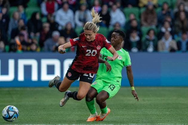 Melbourne, Australia, July 21st 2023: Deborah Abiodun (13 Nigeria) tackles Cloe Lacasse (20 Canada) during the 2023 FIFA Womens World Cup football match between Nigeria and Canada at Melbourne Rectangular Stadium in Melbourne, Australia. (Noe Llamas SPP) Copyright: xNoexLlamasx xSPPx spp-en-NoLlSp-20230721-NOE00924