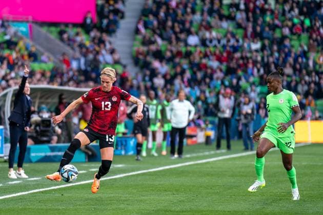 Melbourne, Australia, July 21st 2023: Sophie Schmidt (13 Canada) keeps the ball in play during the 2023 FIFA Womens World Cup football match between Nigeria and Canada at Melbourne Rectangular Stadium in Melbourne, Australia. (Noe Llamas SPP) Copyright: xNoexLlamasx xSPPx spp-en-NoLlSp-20230721-DSC00351