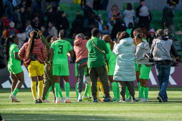 Melbourne, Australia, July 21st 2023: Players of Nigeria celebrate the scoreline during the 2023 FIFA Womens World Cup football match between Nigeria and Canada at Melbourne Rectangular Stadium in Melbourne, Australia. (Noe Llamas SPP) Copyright: xNoexLlamasx xSPPx spp-en-NoLlSp-20230721-NOE01161