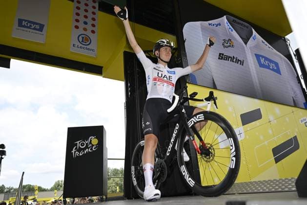 POLIGNY, FRANCE - JULY 21 : Pogacar Tadej (SVN) of UAE Team Emirates during stage 19 of the 110th edition of the Tour de France 2023 cycling race, a stage of 173 kms with start in Moirans-en-Montagne and finish in Poligny on July 21, 2023 in Poligny, France, 21 07 2023 ( Motordriver Kenny Verfaillie - Tour de France 2023 - Stage 19 PhotoNews Panoramic 