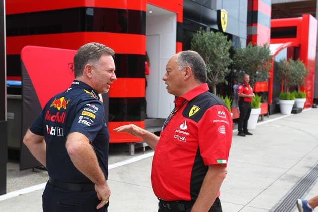 Formula 1 Championship - 2023 Formula 1 Qatar Airways Hungarian Grand Prix, Formula One World Championship, WM, Weltmeisterschaft - Paddock and Free Practice Christian Horner (GBR) - RedBull Racing Team Principal and Frederic Vasseur (FRA) - Scuderia Ferrari Team Principal& xA;& xA;on Paddock, Friday Jul21, FORMULA 1 QATAR AIRWAYS HUNGARIAN GRAND PRIX 2023 - Jul21 to Jul23 2023 Hungaroring, Budapest, Hungary during 2023 Formula 1 Qatar Airways Hungarian Grand Prix, Formula One World Championship - Paddock and Free Practice, Formula 1 Championship in Mogyorod, Hungary, July 21 2023 Mogyorod Hungaroring Hungary Copyright: xAlessioxDexMarcox xLiveMediax LPS_1002609