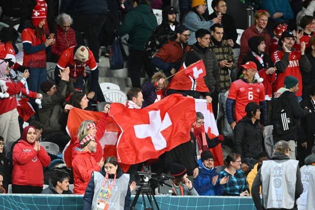 21st July 2023: Dunedin, New Zealand. Swiss fans celebrate their 0-2 win. FIFA Women& x2019;s World Cup match between the Philippines and Switzerland held at the Dunedin Stadium, Dunedin, New Zealand  ActionPlus12533098 BlakexArmstrong