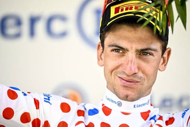 Italian Giulio Ciccone of Lidl-Trek celebrates on the podium in the red polka-dot jersey for best climber after stage 19 of the Tour de France cycling race from Moirans-en-Montagne to Poligny (172,8 km), France, Friday 21 July 2023. This year s Tour de France takes place from 01 to 23 July 2023. JASPERxJACOBS  x70904594x