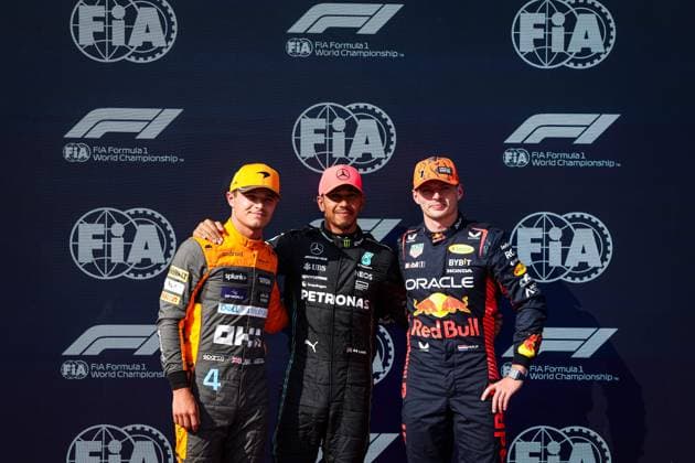 NORRIS Lando (gbr), McLaren F1 Team MCL60, HAMILTON Lewis (gbr), Mercedes AMG F1 Team W14, VERSTAPPEN Max (ned), Red Bull Racing RB19, portrait during the 2023 Formula 1 Qatar Airways Hungarian Grand Prix, 11th round of the 2023 Formula One World Championship, WM, Weltmeisterschaft from July 21 to 23, 2023 on the Hungaroring, in Mogyorod, Hungary - F1 - HUNGARIAN GRAND PRIX 2023 DPPI Panoramic 00123026_GOOD9758