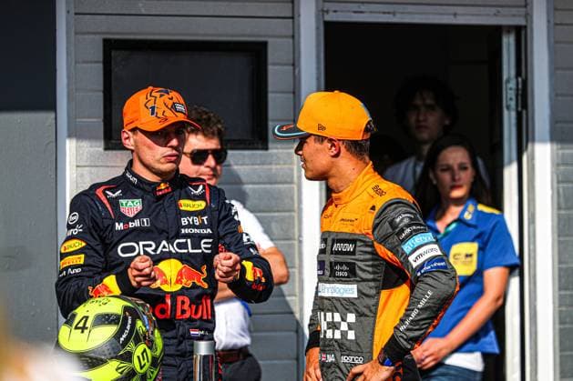 Formula 1 Championship - 2023 Formula 1 Qatar Airways Hungarian Grand Prix, Formula One World Championship, WM, Weltmeisterschaft - Free Practice and Qualify Max Verstappen (NED) Redbull Racing RB19 chatting with Lando Norris (GBR) McLaren MCL60 during qualify top3 celebrations during 2023 Formula 1 Qatar Airways Hungarian Grand Prix, Formula One World Championship - Free Practice and Qualify, Formula 1 Championship in Mogyorod, Hungary, July 22 2023 Mogyorod Hungaroring Hungary Copyright: xAlessioxDexMarcox xLiveMediax LPS_1004596