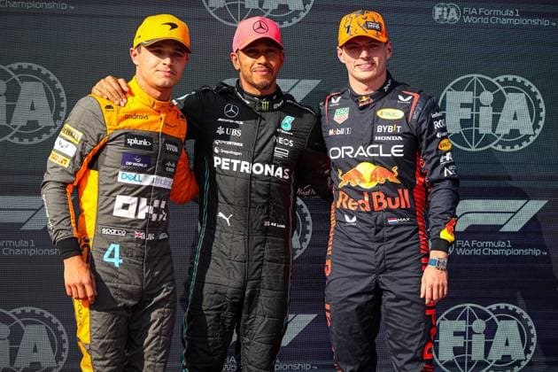 Sport Bilder des Tages Celebration photo qualify, Lewis Hamilton, Max Verstappen, Lando Norris during the Hungarian GP, Budapest 20-23 July 2023 at the Hungaroring, Formula 1 World Championship, WM, Weltmeisterschaft 2023.  Copyright: xFedericoxBasile IPAx xipa-agencyx xFedericoxBasile IPAx 0 IPA_IPA39357262