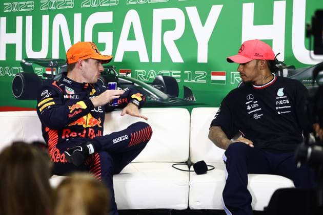 F1 Hungarian Grand Prix 2023 Qualifying Max Verstappen of Red Bull Racing and Lewis Hamilton of Mercedes during press conference, PK, Pressekonferenz after qualifying ahead of the Formula 1 Hungarian Grand Prix at Hungaroring in Budapest, Hungary on July 22, 2023. Budapest Hungary  Copyright: xJakubxPorzyckix originalFilename:porzycki-f1hungar230722_nplXX.jpg