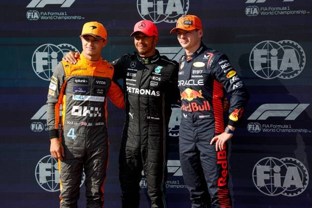 4 Lando Norris GBR, McLaren F1 Team , 44 Lewis Hamilton GBR, Mercedes AMG Petronas F1 Team , 1 Max Verstappen NLD, Oracle Red Bull Racing , F1 Grand Prix of Hungary at Hungaroring on July 22, 2023 in Budapest, Hungary Photo by HOCH ZWEI Budapest Hungary
