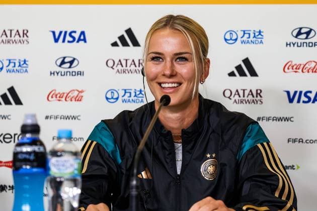 FIFA Womens World Cup 2023 press conference Germany before match against Morocco 22 07 2023 Merle Frohms Germany, 1 laughing during press conference FIFA Womens World Cup 2023 press conference Germany before match against Morocco Melbourne Naarm, Melbourne Rectangular Stadium, 23 07 2023 Copyright: xBEAUTIFULxSPORTS Jonesx